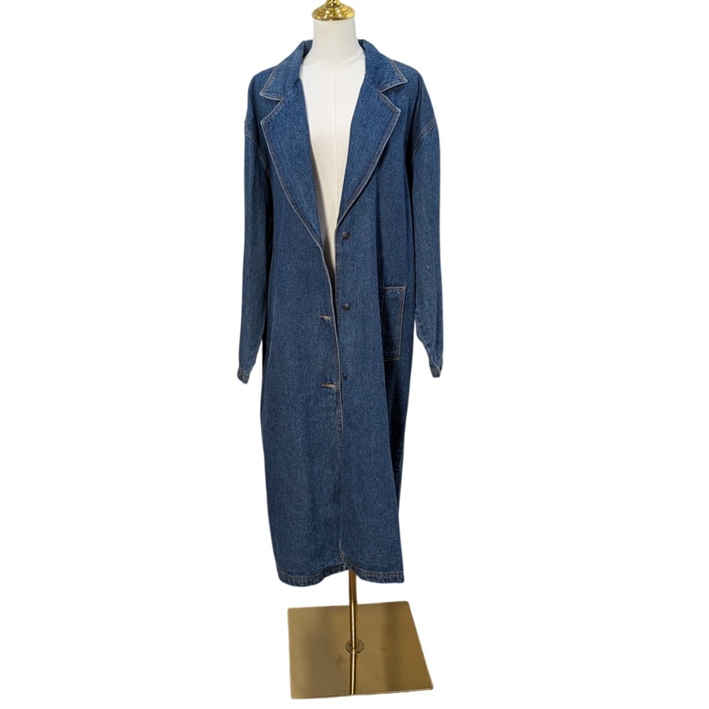 Baccini Long Denim Duster Jacket Vintage L Button Front 100% Cotton Trench Coat